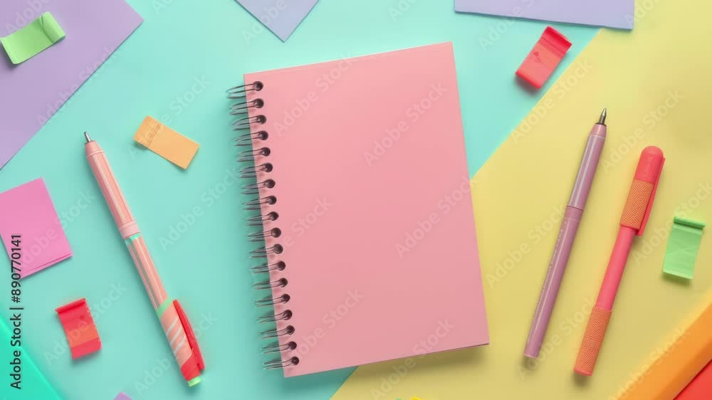 Colorful Stationery Arrangement with Notebooks and Pens on Colorful Background Colorful Stationery Arrangement with Notebooks and Pens on Colorful Background