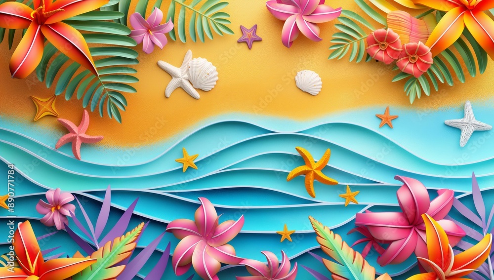 Colorful 3D paper cut style illustration of a beach with waves, starfish, shells, and vibrant tropical flowers.