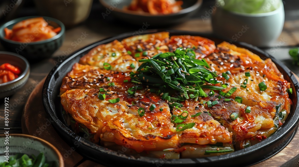 Korean kimchi pancake, a popular street food, is made with kimchi, flour, eggs, and scallions. It is crispy on the outside and soft and chewy on the inside. Korean kimchi pancake, a popular street food, is made with kimchi, flour, eggs, and scallions. It is crispy on the outside and soft and chewy on the inside.