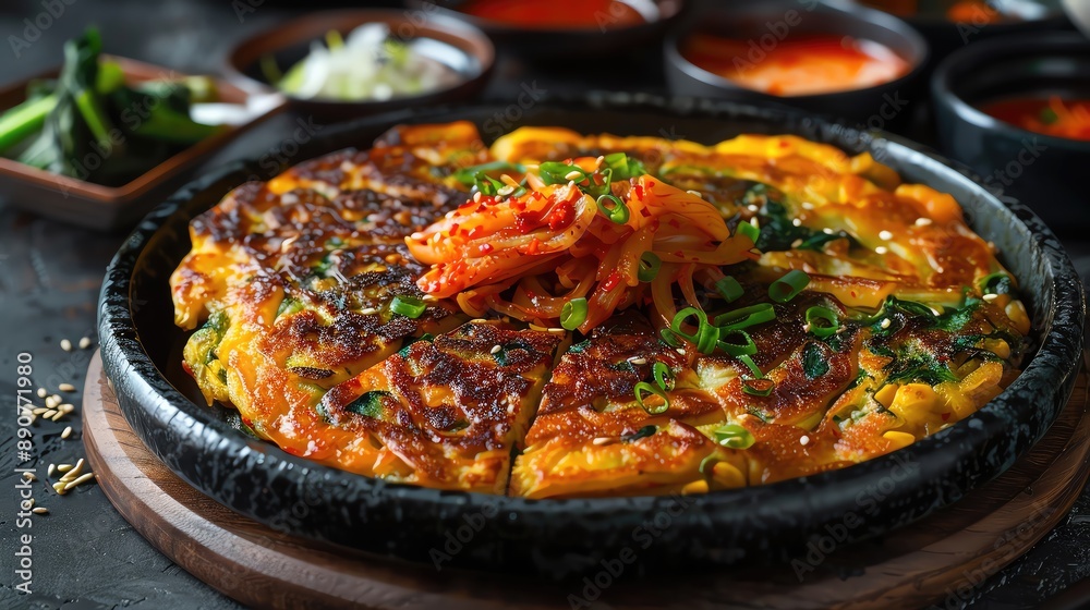 Korean pancake, made with kimchi, scallions, and other vegetables. It is often served with dipping sauces. Korean pancake, made with kimchi, scallions, and other vegetables. It is often served with dipping sauces.