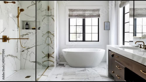 A spacious bathroom features a sleek, freestanding bathtub, marble tile flooring and shower walls, and a large window with a roman shade