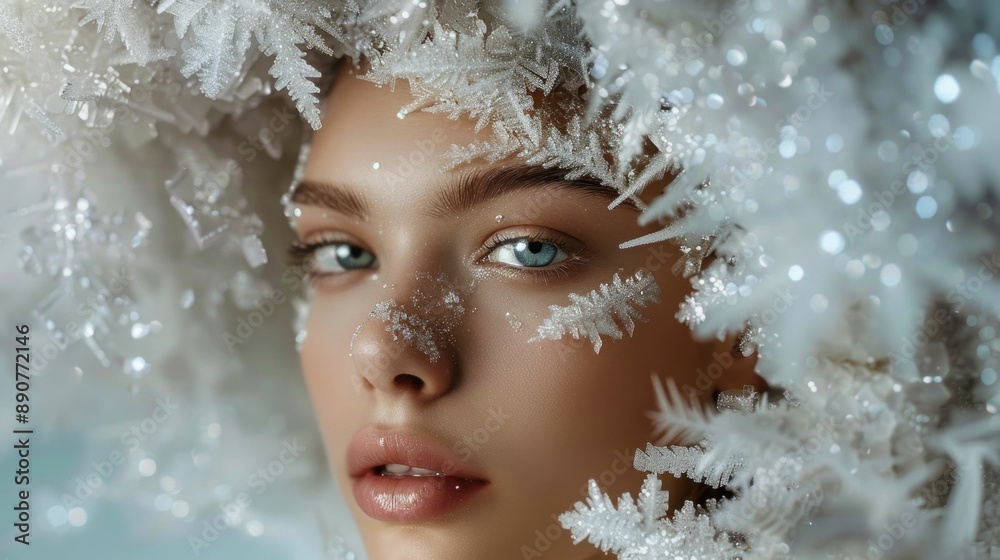 Beauty in winter closeup of woman's face covered in snow flakes, symbolizing serenity and tranquility