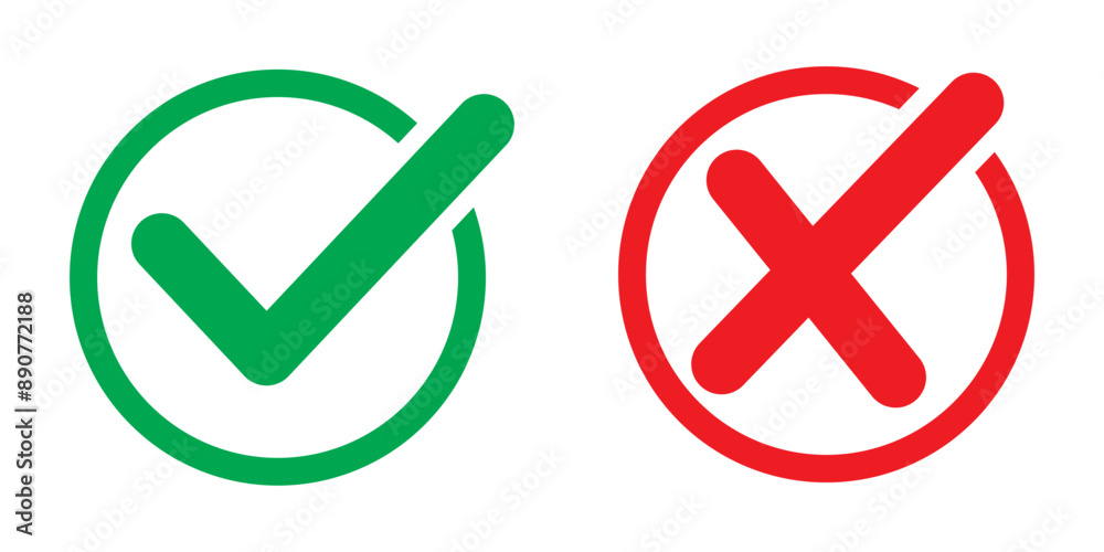 checkmark and x or confirm and deny line art, Green checkmark and red x sign. Correct error vector symbol isolated on white background. checkmark and x or confirm and deny line art, Green checkmark and red x sign. Correct error vector symbol isolated on white background.