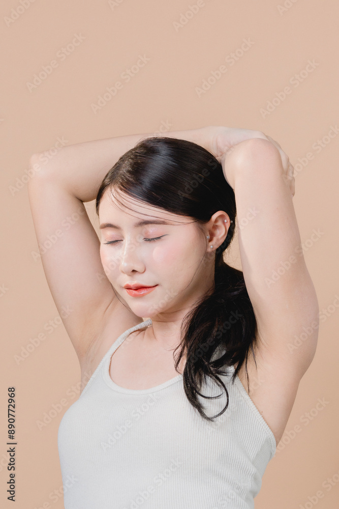 Title: Portrait of young Asian beautiful woman with K-beauty make up style and healthy and perfect skin. woman with clean fresh skin. Face care, Facial treatment, Cosmetology, beauty and spa. Title: Portrait of young Asian beautiful woman with K-beauty make up style and healthy and perfect skin. woman with clean fresh skin. Face care, Facial treatment, Cosmetology, beauty and spa.