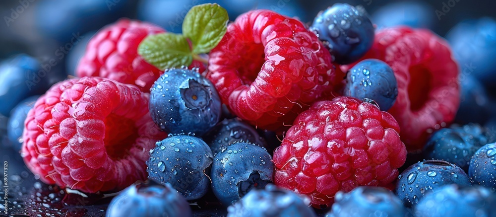 Close-Up of Fresh Raspberries and Blueberries with Water Drops Close-Up of Fresh Raspberries and Blueberries with Water Drops