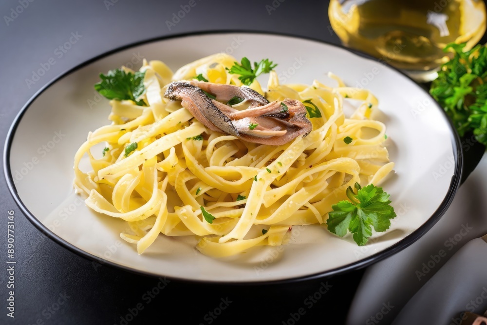 pasta with anchovy and parsley on the table, delicious italian pasta recipe pasta with anchovy and parsley on the table, delicious italian pasta recipe