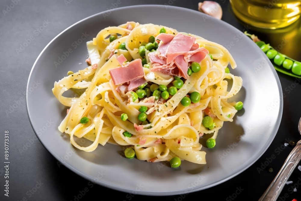 pasta with peas and ham on the table, delicious italian recipe pasta with peas and ham on the table, delicious italian recipe
