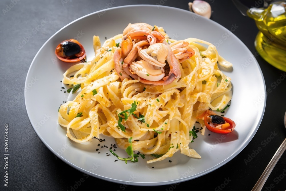 pasta with seafood on the table, delicious italian dish pasta with seafood on the table, delicious italian dish