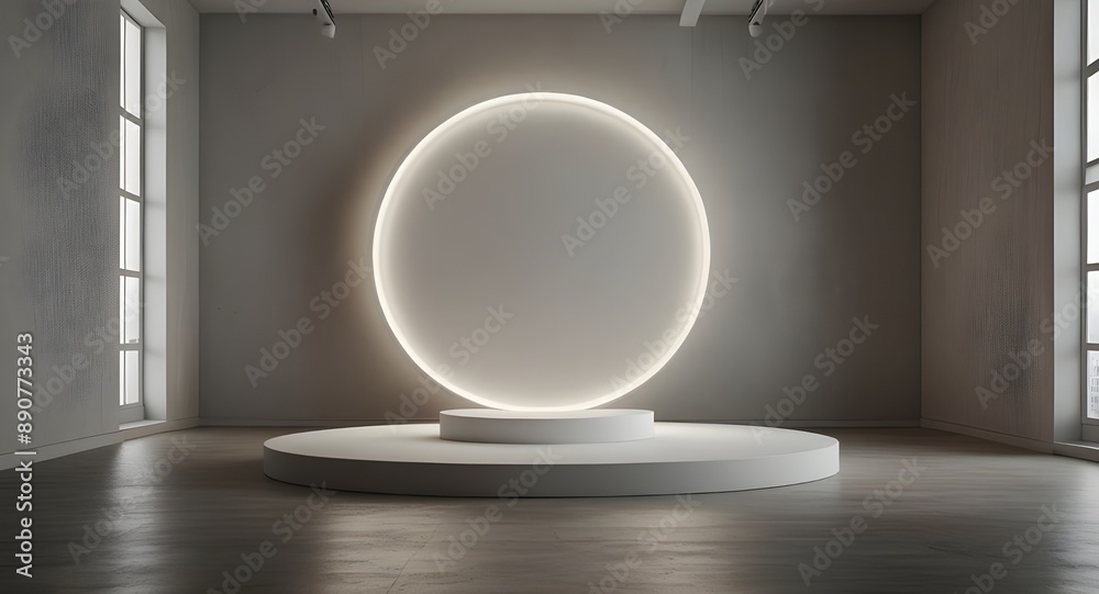 Fototapeta premium White round podium in empty stylish hall with light