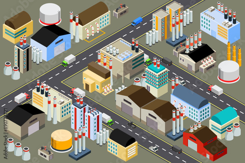 Isometric Map of Industrial Buildings Area Vector Illustration