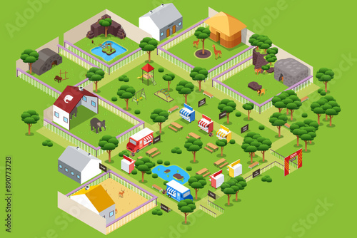 Animals Zoo Playground Food Vendors Isometric Map Vector Illustration