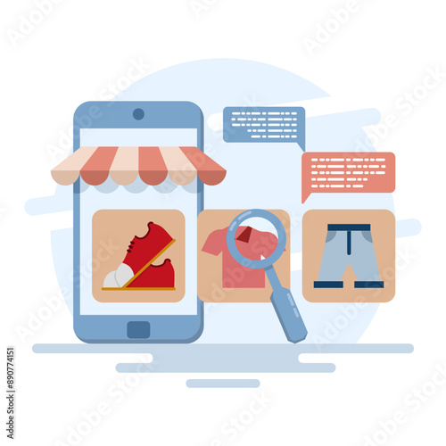 Product Search concept in mobile e-commerce. Mobile Ecommerce App, Online Shopping. online shop site. Clothing catalogue. Shop and Search for products on the page. Buy via the internet.