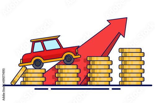 Concept of Saving coins or money to buy a car, concept of buying property. Save money on car asset property for business finance marketing. Flat vector illustration on background.