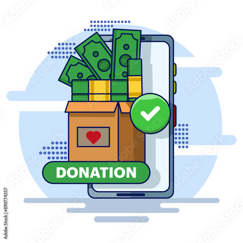 concept of online donation or charity participation, donation and volunteering. donated items in boxes. Human community, charity, aid, Volunteers donating goods or food. flat vector illustration.