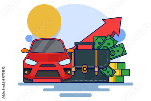 Concept of Saving coins or money to buy a car, concept of buying property. Save money on car asset property for business finance marketing. Flat vector illustration on background.