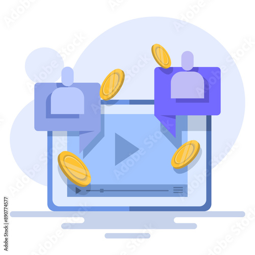 Concept create blog idea vlog make money, income monetize online icon illustration, social monetization chat digital marketing graphic design, internet web electronic media cash on laptop computer.