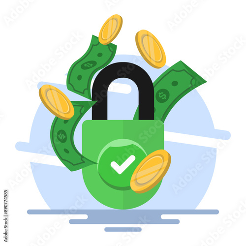 protect money safely concept, money account locked or blocked via padlock key access icon vector flat illustration, financial symbol closed or withheld, safe cash protection idea. vector illustration.