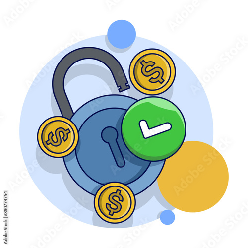 protect money safely concept, money account locked or blocked via padlock key access icon vector flat illustration, financial symbol closed or withheld, safe cash protection idea. vector illustration.