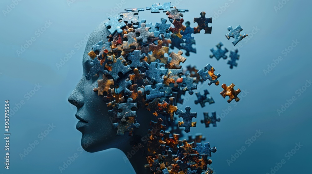 Brain Puzzle: Human Head Losing Pieces as Memory Loss on Blue Background Brain Puzzle: Human Head Losing Pieces as Memory Loss on Blue Background