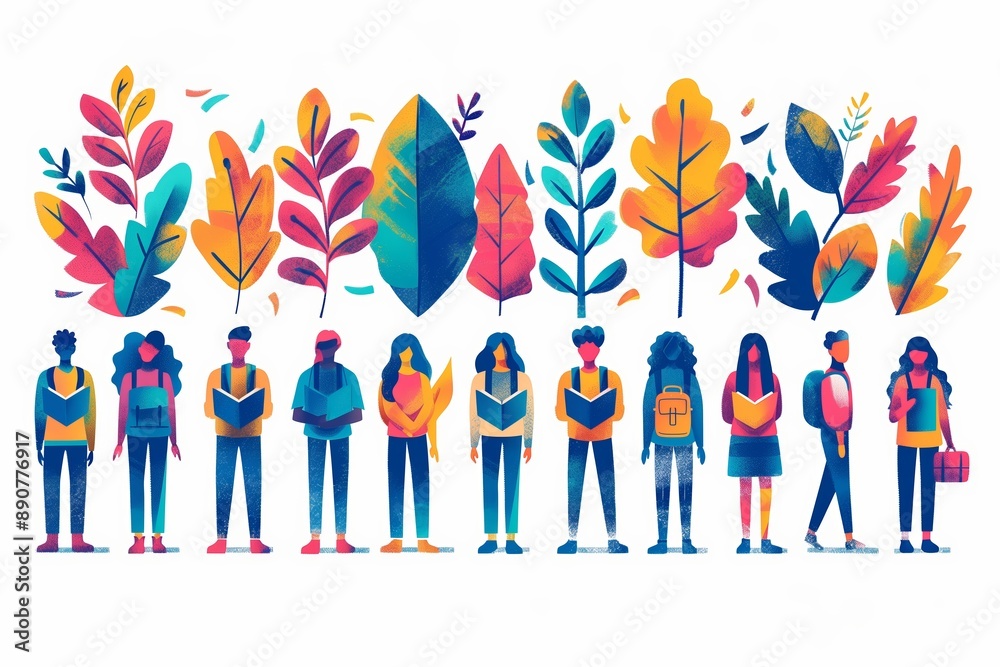 Diverse Group of Students Standing Together in Front of Colorful Leaves Diverse Group of Students Standing Together in Front of Colorful Leaves