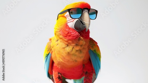 A colorful parrot with vibrant feathers, perched on a stand and looking at the camera on a clean white backdrop.