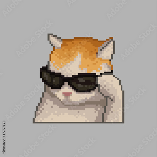 Cat with sunglasses, pixel art meme