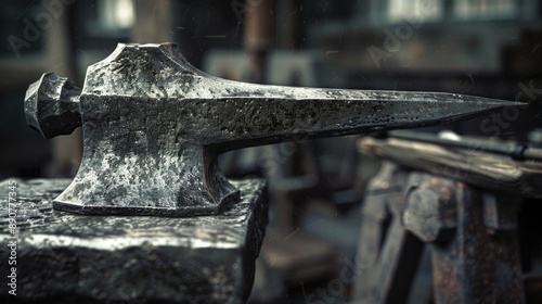 A heavy anvil sits atop a flat metal plate, ready for use in a workshop or DIY project