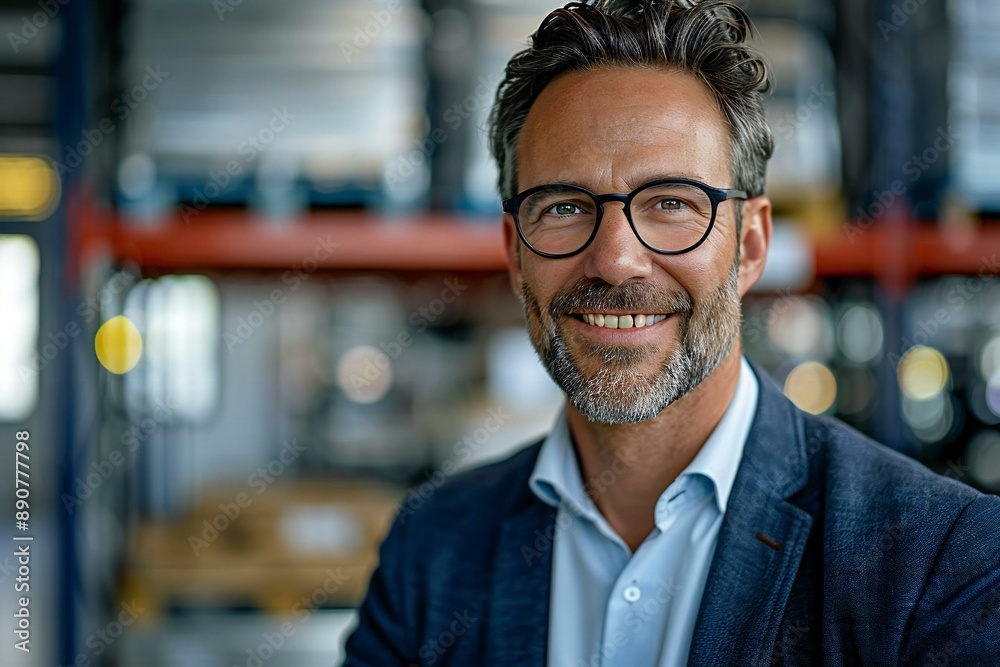 smiling businessman in a warehouse office setting, wearing eyeglasses and checking inventory. smiling businessman in a warehouse office setting, wearing eyeglasses and checking inventory.