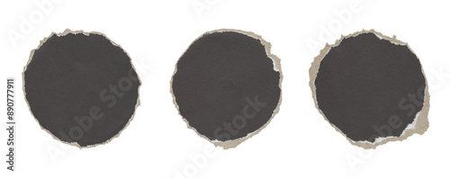 set of torn and ripped paper circles, round shapes with jagged edges from black paper in Y2K retro style, png isolated cardboard pieces on transparent background