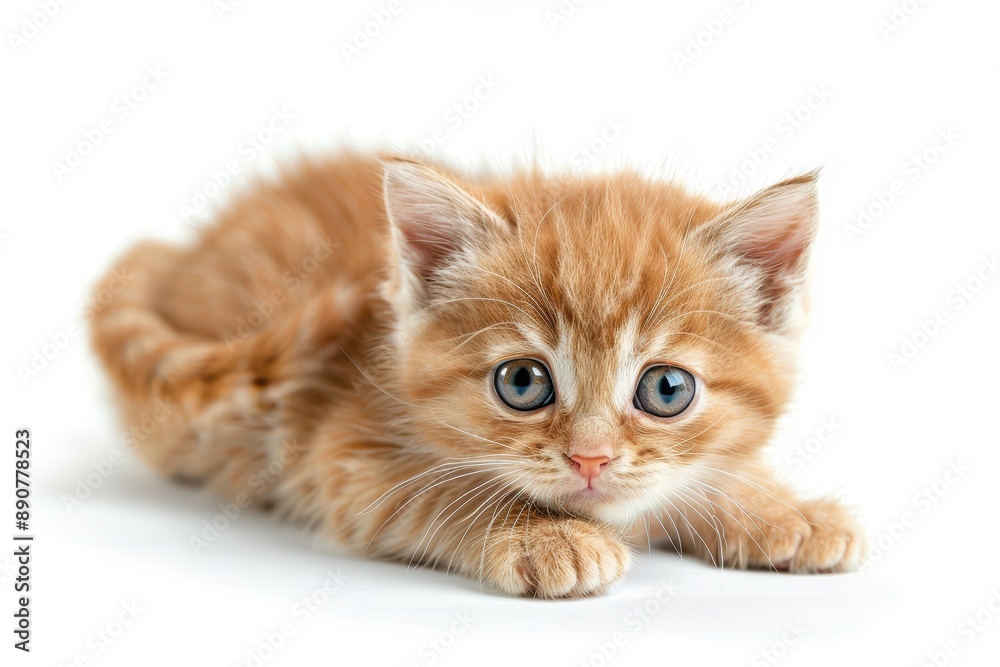 Fototapeta premium Adorable British red kitten alone on white background