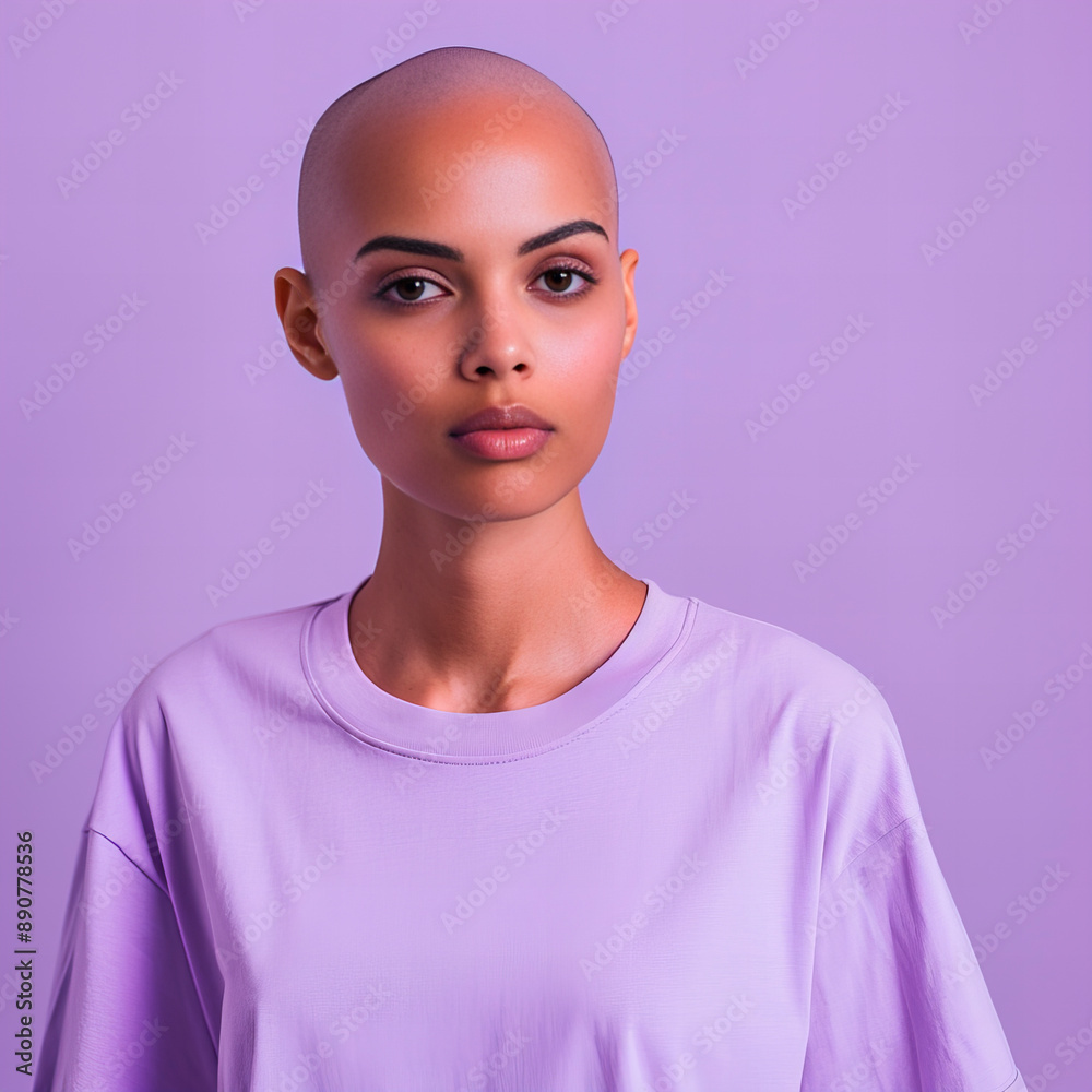 Young Bald Woman Portrait for Cancer Fight Campaign Light Purple Color Background Young Bald Woman Portrait for Cancer Fight Campaign Light Purple Color Background