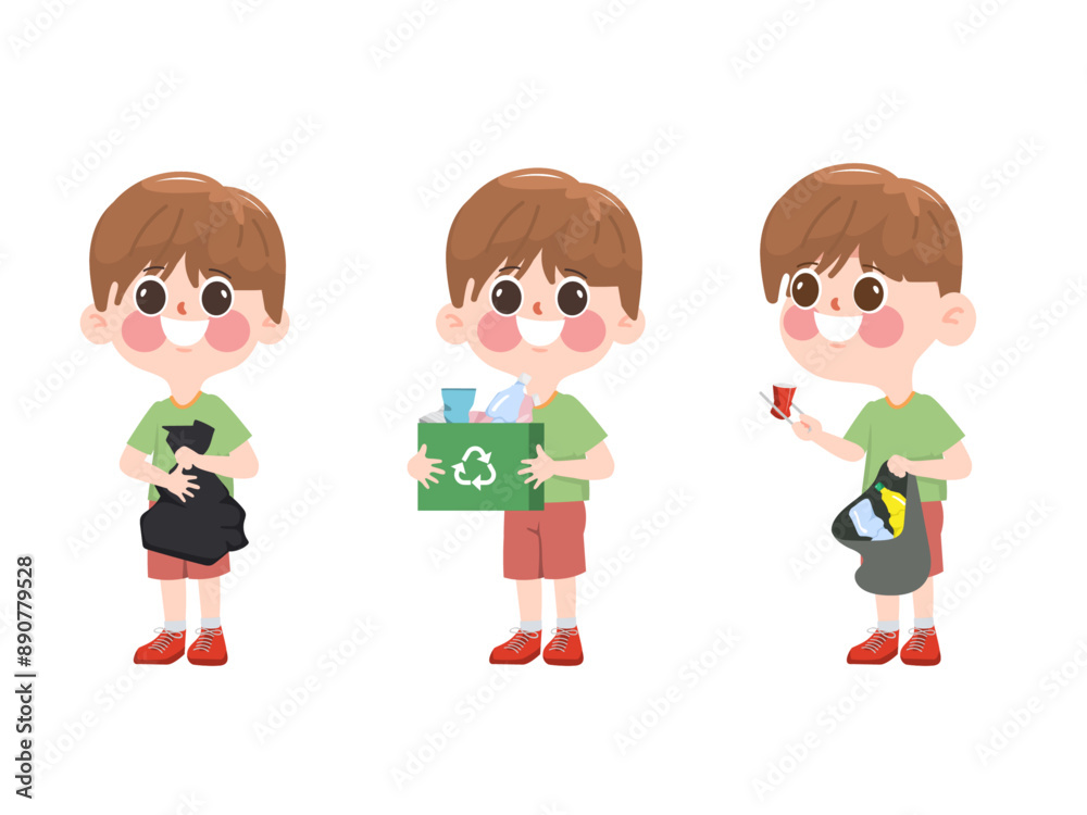 a boy keep plastic waste to recycle bin a boy keep plastic waste to recycle bin