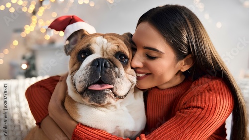 A girl with her beloved dog in her arms. A woman lovingly hugs her bulldog.