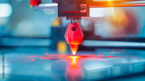 Close-up of a 3D printer nozzle in action, creating a component with precision technology and innovation in a modern manufacturing setting. photo