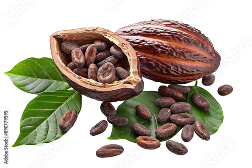 Cocoa pod with delicious cocoa beans and leaves isolated on transparent background.
