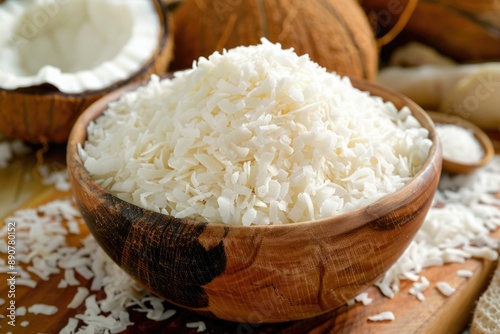 Coconut Powder in a Bowl. Closeup of Shredded Coconut for Cooking in Brown Background