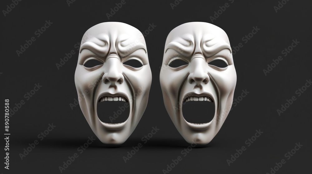 Happy Sad Mask. Tragicomic Theater Masks Depicting Tragedy and Comedy in White Color. Actor's Face Emotions Happy Sad Mask. Tragicomic Theater Masks Depicting Tragedy and Comedy in White Color. Actor's Face Emotions