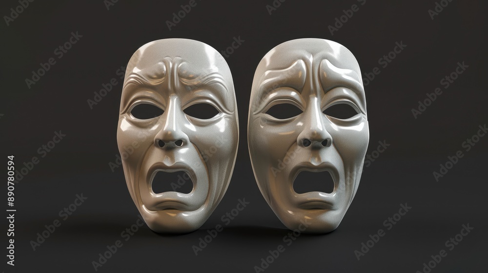 Happy Sad Mask. Theatre Masks for Tragicomic Show. White Version on Black Background Happy Sad Mask. Theatre Masks for Tragicomic Show. White Version on Black Background