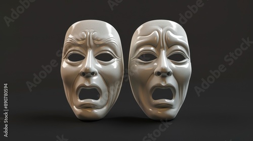 Happy Sad Mask. Theatre Masks for Tragicomic Show. White Version on Black Background