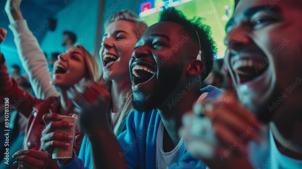 A group of people are watching a soccer game and are laughing and cheering A group of people are watching a soccer game and are laughing and cheering