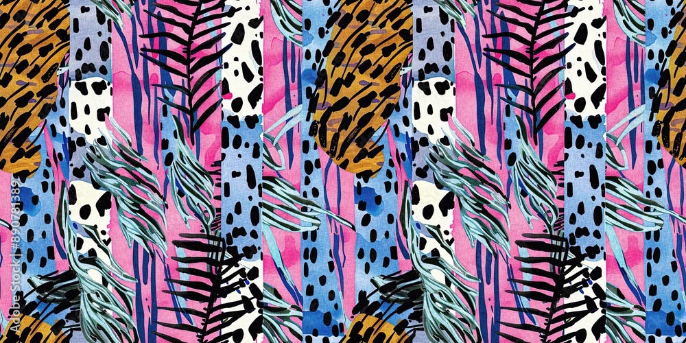 Fun girly camouflage border pattern in vibrant stripes and spotted seamless design . Modern skin banner texture patched effect for festival and beach wear style in ribbon repeat.