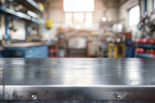 A metal blank tabletop with blurred automotive tools and parts in the background suitable for promoting automotive products