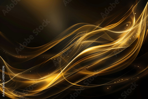 Dark background with golden wavy lines, elegant curves, luxury feel, dynamic composition, spotlight lighting