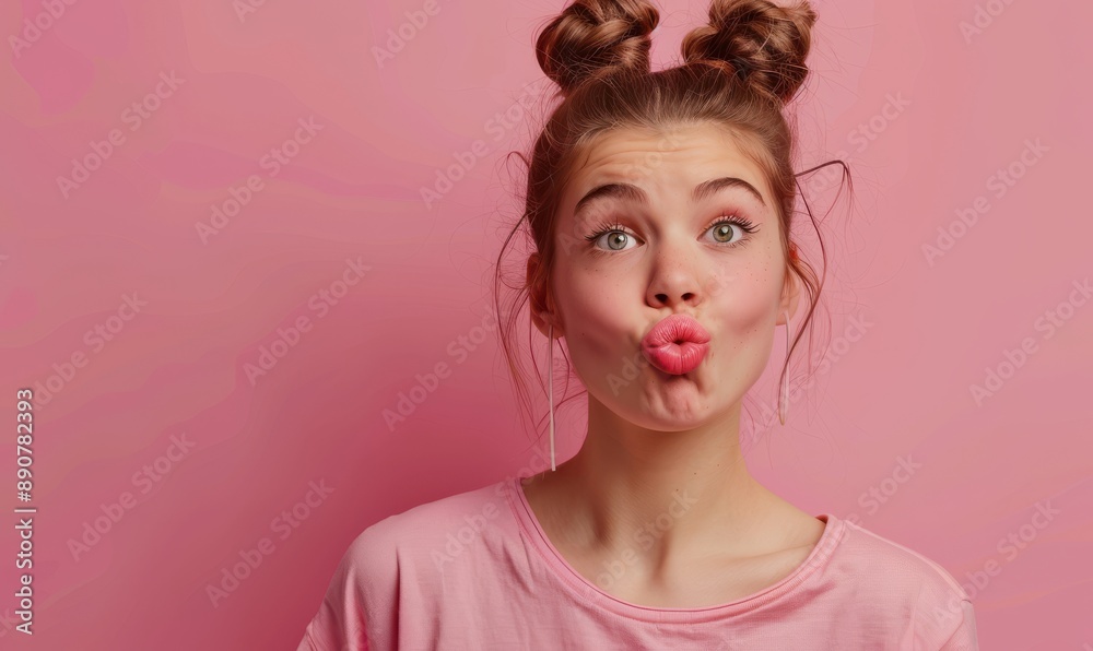 Cute girl with freckles making a kissy face, playful and casual. Free copy space for text.