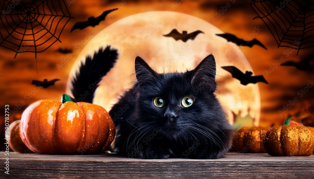 Black cat sitting on a table with a full harvest moon and bats in the background Black cat sitting on a table with a full harvest moon and bats in the background