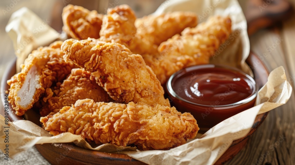 Crispy fried chicken tenders with BBQ sauce, served in bowl Crispy fried chicken tenders with BBQ sauce, served in bowl