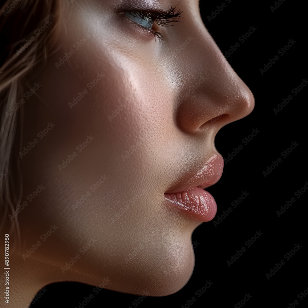 An isolated portion of a woman's face with a flawless double chin on a white backdrop represents the idea of beauty. An isolated portion of a woman's face with a flawless double chin on a white backdrop represents the idea of beauty.