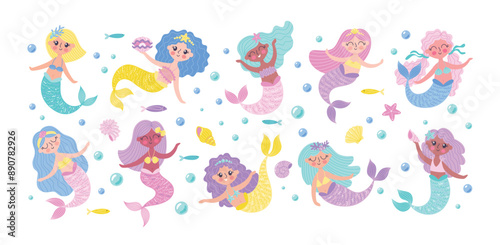 Childrens cute characters. Sea mermaids set. Vector illustration of fairy tale characters