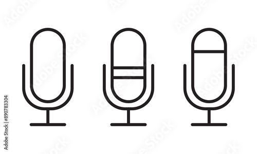 Microphone icon set. audio speech podcast mic vector symbol. thin line microphone pictogram. voice record mike icon in black filled and outlined style.