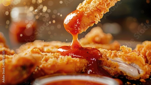 Crispy fried chicken dipped in spicy sauce